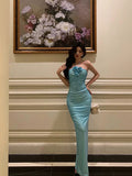Sheath Halter Blue Fold Long Prom Dresses Birthday Outfits SD615