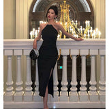 Mermaid Halter Neckline Black Satin Slit Prom Dresses Birthday Outfits SD619