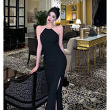 Mermaid Halter Neckline Black Satin Slit Prom Dresses Birthday Outfits SD619