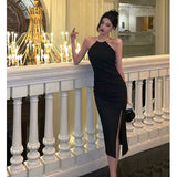 Mermaid Halter Neckline Black Satin Slit Prom Dresses Birthday Outfits SD619