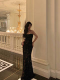 Mermaid Spaghetti Straps Lace Long Black Prom Dresses Birthday Outfits SD624