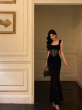 Sheath Straps Sleeveless Black Ankle Length Lace Prom Dresses Birthday Outfits SD625