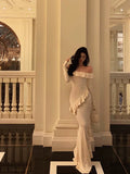 Mermaid Off The Shoulder White Long Sleeves Ankle Length Ruffle Prom Dresses Birthday Outfits SD626