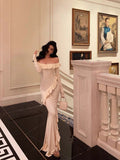 Mermaid Off The Shoulder White Long Sleeves Ankle Length Ruffle Prom Dresses Birthday Outfits SD626