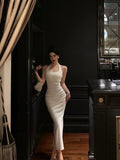 Sheath Halter Sleeveless White Tea Length Prom Dresses Birthday Outfits SD630