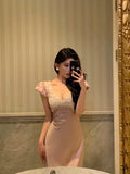 Sheath V Neckline Short Sleeves Pink Tea Length Prom Dresses Birthday Outfits SD634