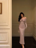 Sheath Long Sleeves Lilac Tea Length Prom Dresses Birthday Outfits SD635