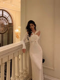 Mermaid Halter Long Sleeves Date Night Dress White Prom Dresses Birthday Outfits SD637