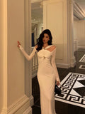 Mermaid Halter Long Sleeves Date Night Dress White Prom Dresses Birthday Outfits SD637