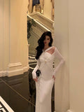 Mermaid Halter Long Sleeves Date Night Dress White Prom Dresses Birthday Outfits SD637