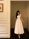 A Line Straps Sleeveless White Tea Length Prom Dresses Birthday Outfits SD640