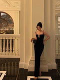 Sheath Spaghetti Straps Sleeveless Black Floor Length Prom Dresses Birthday Outfits SD643