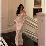 Mermaid V Neckline Long Sleeves Date Night Dress White Lace Prom Dresses Birthday Outfits SD644