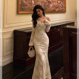 Mermaid V Neckline Long Sleeves Date Night Dress White Lace Prom Dresses Birthday Outfits SD644