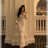 Mermaid V Neckline Long Sleeves Date Night Dress White Lace Prom Dresses Birthday Outfits SD644
