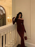 Mermaid Off The Shoulder Long Sleeves Date Night Dress Burgundy Prom Dresses Birthday Outfits SD645