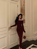 Mermaid Off The Shoulder Long Sleeves Date Night Dress Burgundy Prom Dresses Birthday Outfits SD645