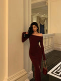 Mermaid Off The Shoulder Long Sleeves Date Night Dress Burgundy Prom Dresses Birthday Outfits SD645