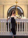 Sheath Off The Shoulder Short Sleeves Black Slit Satin Prom Dresses Birthday Outfits SD646