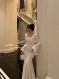 Mermaid Square Neckline Long Sleeves Date Night Dress White Prom Dresses Birthday Outfits SD647