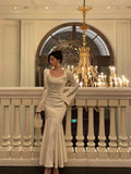 Mermaid Square Neckline Long Sleeves Date Night Dress White Prom Dresses Birthday Outfits SD647