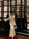 Mermaid Square Neckline Long Sleeves Date Night Dress White Prom Dresses Birthday Outfits SD647
