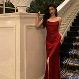 Sheath Spaghetti Straps Sleeveless Red Ankle Length Prom Dresses Birthday Outfits SD648