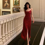 Sheath Spaghetti Straps Sleeveless Red Ankle Length Prom Dresses Birthday Outfits SD648