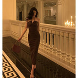 Sheath Spaghetti Straps Sleeveless Brown Ankle Length Prom Dresses Birthday Outfits SD650