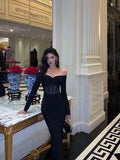 Mermaid Off The Shoulder Long Sleeves Date Night Dress Black Prom Dresses Birthday Outfits SD652