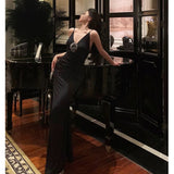 Sheath Spaghetti Straps Sleeveless Black Prom Dresses Birthday Outfits With Flower SD653