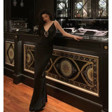 Sheath Spaghetti Straps Sleeveless Black Prom Dresses Birthday Outfits With Flower SD653