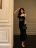 Sheath Spaghetti Straps Sleeveless Black Velvet Prom Dresses Birthday Outfits SD654