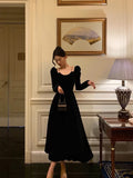 A line Straps Long Sleeves Black Velvet Prom Dresses Birthday Outfits SD658