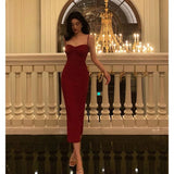 Sheath Spaghetti Straps Sleeveless Red Tea Length Prom Dresses Birthday Outfits SD661