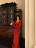 Mermaid Jewel Neckline Long Sleeves Date Night Dress Red Prom Dresses Birthday Outfits SD667