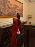 Mermaid Jewel Neckline Long Sleeves Date Night Dress Red Prom Dresses Birthday Outfits SD667