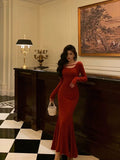 Mermaid Jewel Neckline Long Sleeves Date Night Dress Red Prom Dresses Birthday Outfits SD667