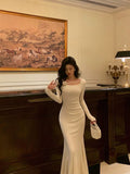 Mermaid Jewel Neckline Long Sleeves Date Night Dress White Prom Dresses Birthday Outfits SD668