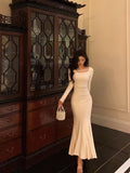 Mermaid Jewel Neckline Long Sleeves Date Night Dress White Prom Dresses Birthday Outfits SD668