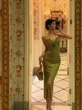 Sheath Halter Green Sleeveless Slit Tea Length Party Dresses Birthday Outfits SD670