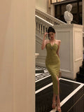 Sheath Halter Green Sleeveless Slit Tea Length Party Dresses Birthday Outfits SD670