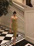 Sheath Halter Green Sleeveless Slit Tea Length Party Dresses Birthday Outfits SD670