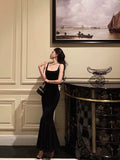 Mermaid Spaghetti Straps Black Satin Backless Prom Dresses Birthday Outfits SD671
