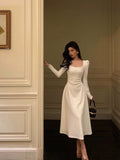 A line Square Neckline Long Sleeves Date Night Dress White Prom Dresses Birthday Outfits SD672