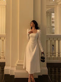 A line Square Neckline Long Sleeves Date Night Dress White Prom Dresses Birthday Outfits SD672