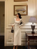 A line Square Neckline Long Sleeves Date Night Dress White Prom Dresses Birthday Outfits SD672