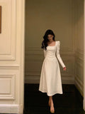 A line Square Neckline Long Sleeves Date Night Dress White Prom Dresses Birthday Outfits SD672