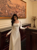 A line Square Neckline Long Sleeves Date Night Dress White Prom Dresses Birthday Outfits SD672