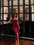 Sheath Spaghetti Straps Red Sleeveless Slit Tea Length Party Dresses Birthday Outfits SD674